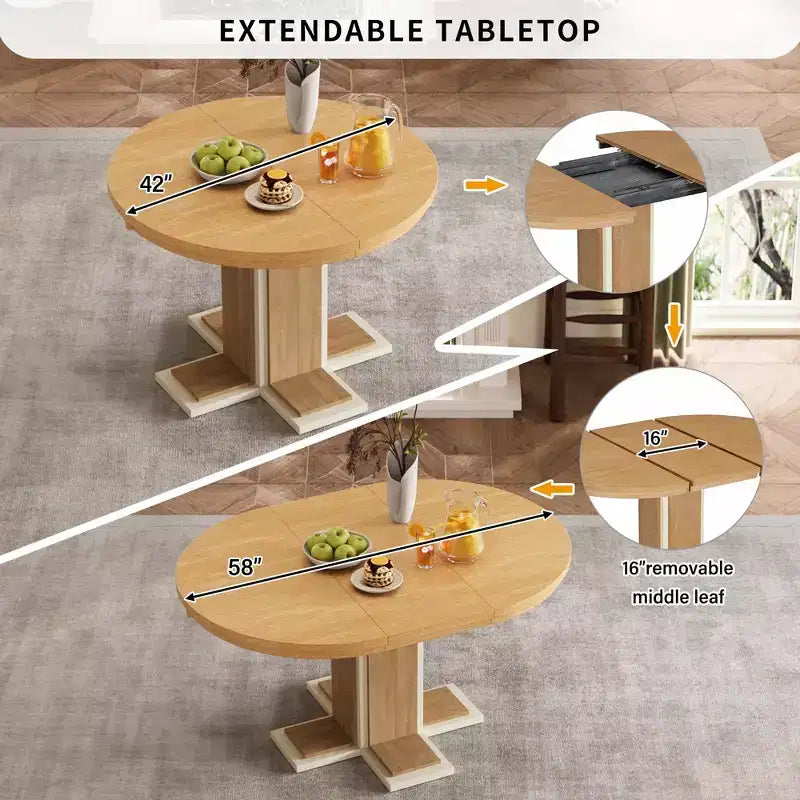 Table à manger extensible Clihome avec rallonge centrale de 40,6 cm, table à manger ovale de 106,7 cm à 147,3 cm pour 6 personnes, table à manger ronde rétro en bois massif à double couche