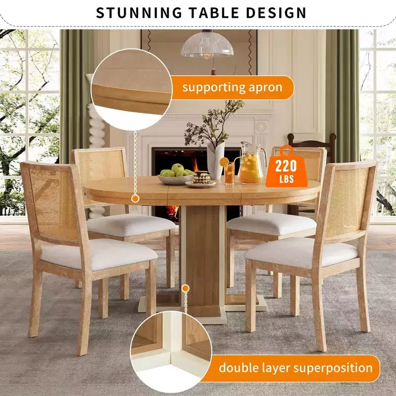 Table à manger extensible Clihome avec rallonge centrale de 40,6 cm, table à manger ovale de 106,7 cm à 147,3 cm pour 6 personnes, table à manger ronde rétro en bois massif à double couche