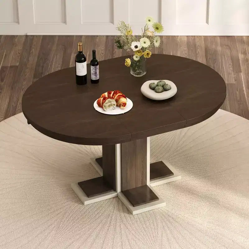 Table à manger extensible Clihome avec rallonge centrale de 40,6 cm, table à manger ovale de 106,7 cm à 147,3 cm pour 6 personnes, table à manger ronde rétro en bois massif à double couche