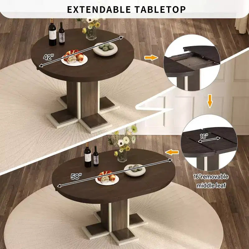Table à manger extensible Clihome avec rallonge centrale de 40,6 cm, table à manger ovale de 106,7 cm à 147,3 cm pour 6 personnes, table à manger ronde rétro en bois massif à double couche