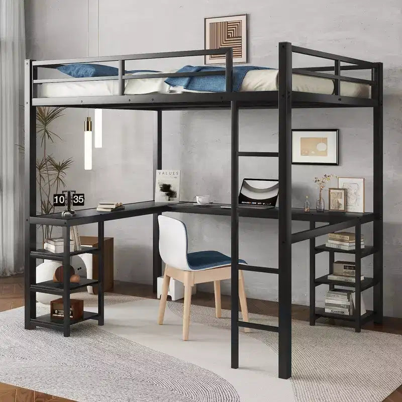 Bellemave Full & Full XL Metal Loft Beds with Desk, Bookshelf & Shelves, L-Shaped Space-Saving Bed Frame with Ladder & Guardrails, Black