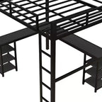 Bellemave Lits mezzanine complets et complets XL en métal avec bureau, bibliothèque et étagères, cadre de lit peu encombrant en forme de L avec échelle et garde-corps, noir