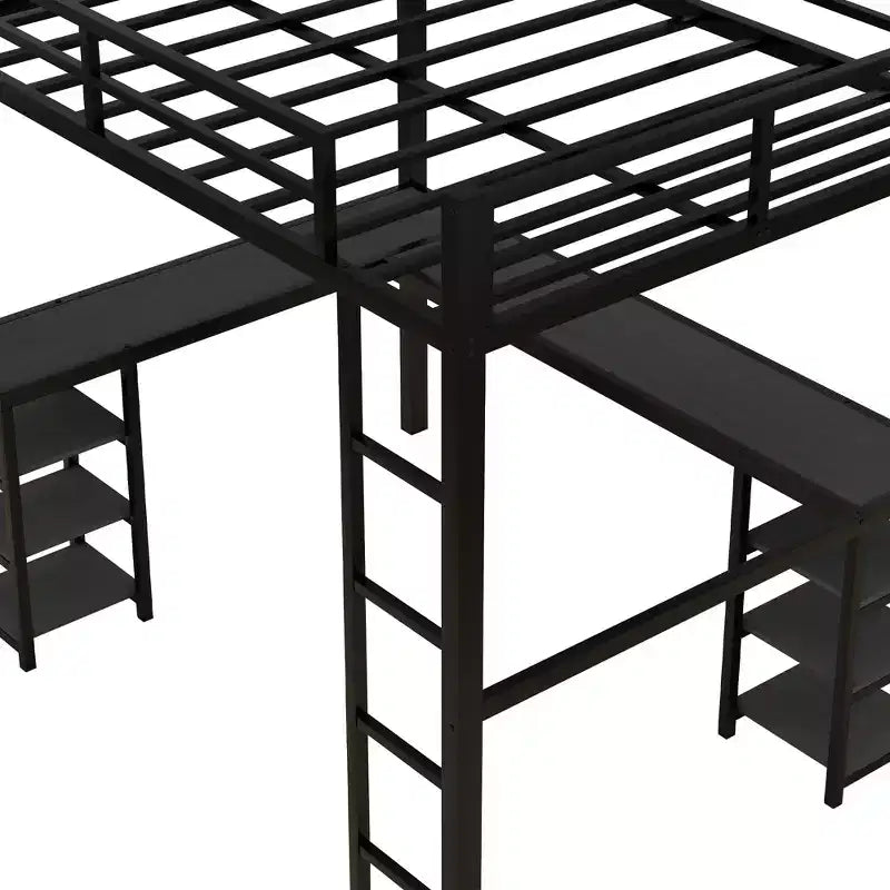 Bellemave Lits mezzanine complets et complets XL en métal avec bureau, bibliothèque et étagères, cadre de lit peu encombrant en forme de L avec échelle et garde-corps, noir