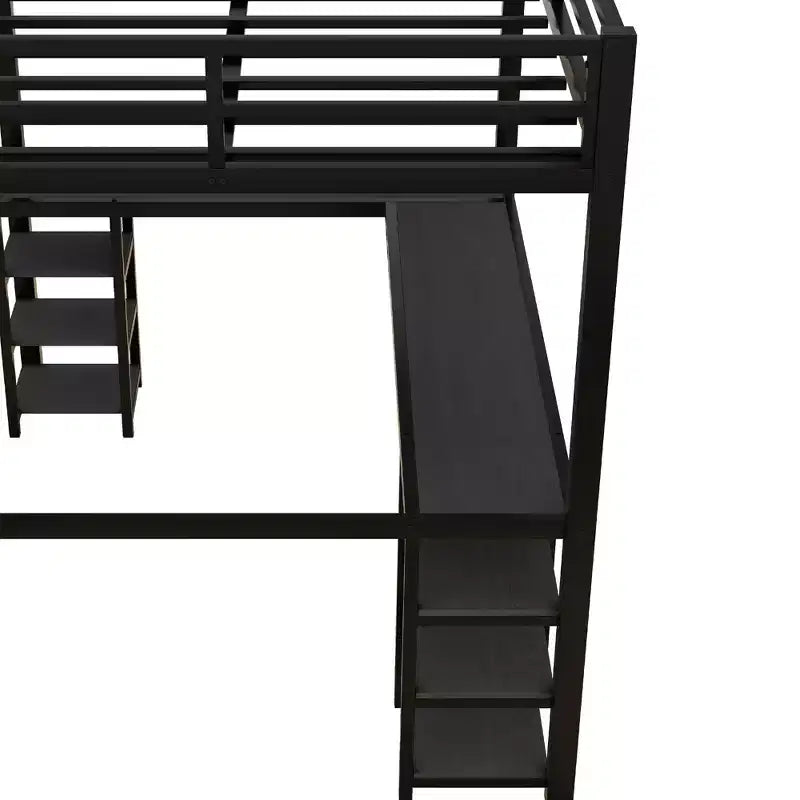 Bellemave Lits mezzanine complets et complets XL en métal avec bureau, bibliothèque et étagères, cadre de lit peu encombrant en forme de L avec échelle et garde-corps, noir