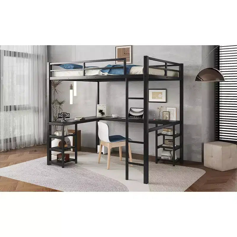 Bellemave Lits mezzanine complets et complets XL en métal avec bureau, bibliothèque et étagères, cadre de lit peu encombrant en forme de L avec échelle et garde-corps, noir