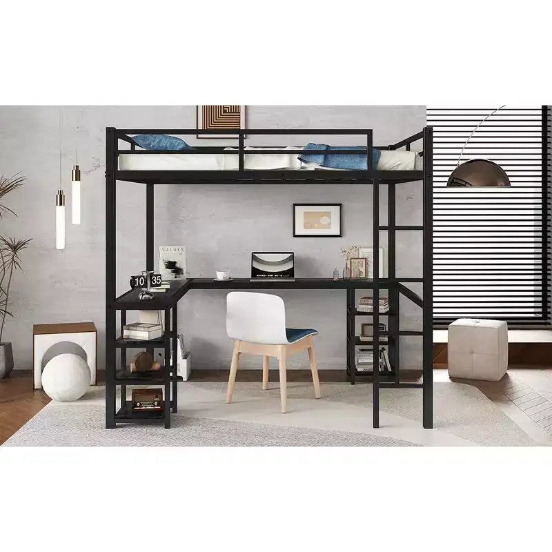 Bellemave Lits mezzanine complets et complets XL en métal avec bureau, bibliothèque et étagères, cadre de lit peu encombrant en forme de L avec échelle et garde-corps, noir
