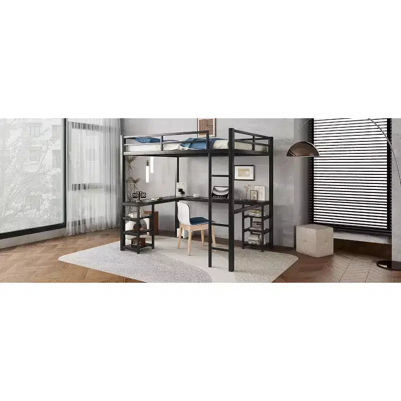 Bellemave Lits mezzanine complets et complets XL en métal avec bureau, bibliothèque et étagères, cadre de lit peu encombrant en forme de L avec échelle et garde-corps, noir