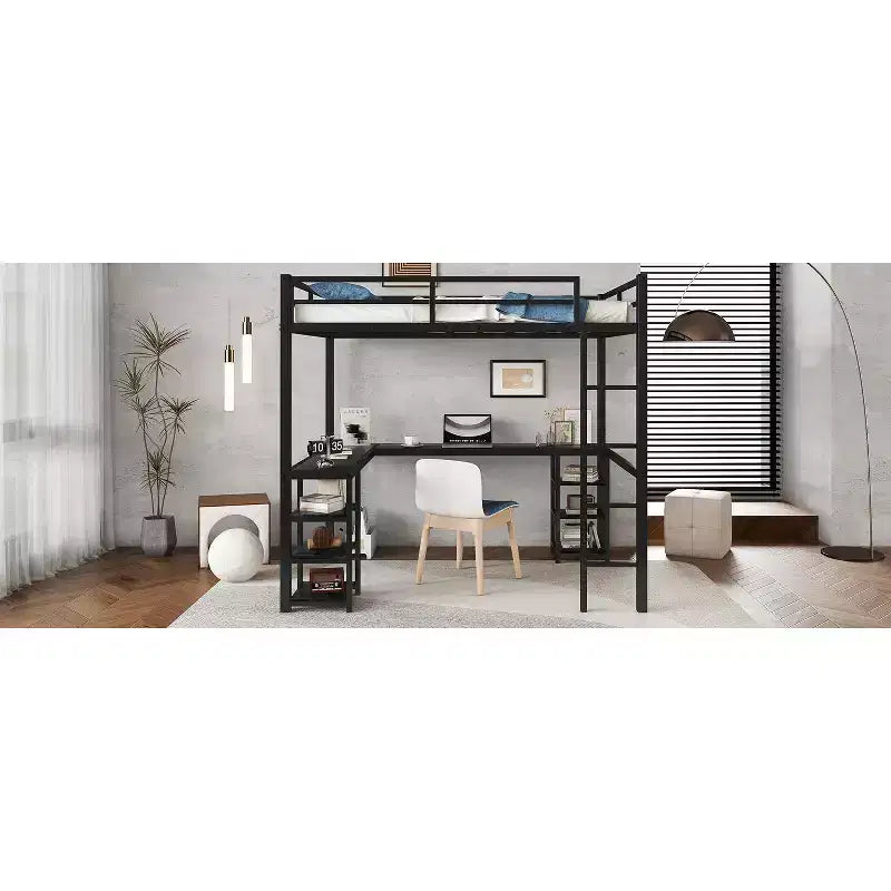 Bellemave Lits mezzanine complets et complets XL en métal avec bureau, bibliothèque et étagères, cadre de lit peu encombrant en forme de L avec échelle et garde-corps, noir