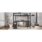Bellemave Lits mezzanine complets et complets XL en métal avec bureau, bibliothèque et étagères, cadre de lit peu encombrant en forme de L avec échelle et garde-corps, noir