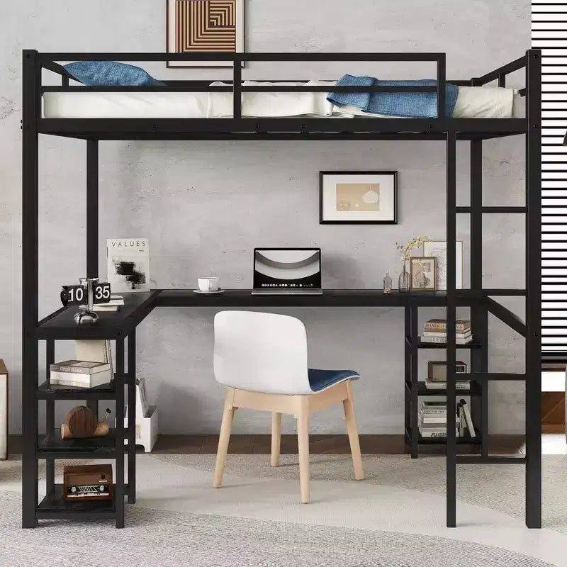Bellemave Lits mezzanine complets et complets XL en métal avec bureau, bibliothèque et étagères, cadre de lit peu encombrant en forme de L avec échelle et garde-corps, noir