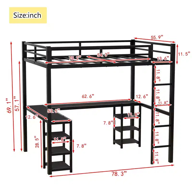 Bellemave Lits mezzanine complets et complets XL en métal avec bureau, bibliothèque et étagères, cadre de lit peu encombrant en forme de L avec échelle et garde-corps, noir
