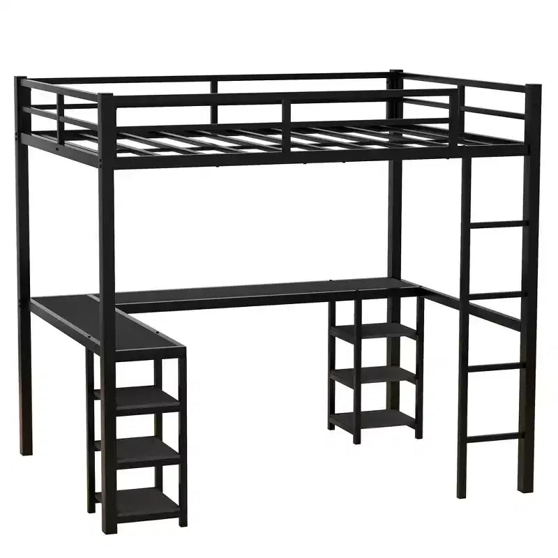 Bellemave Lits mezzanine complets et complets XL en métal avec bureau, bibliothèque et étagères, cadre de lit peu encombrant en forme de L avec échelle et garde-corps, noir