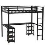 Bellemave Lits mezzanine complets et complets XL en métal avec bureau, bibliothèque et étagères, cadre de lit peu encombrant en forme de L avec échelle et garde-corps, noir