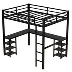 Bellemave Lits mezzanine complets et complets XL en métal avec bureau, bibliothèque et étagères, cadre de lit peu encombrant en forme de L avec échelle et garde-corps, noir