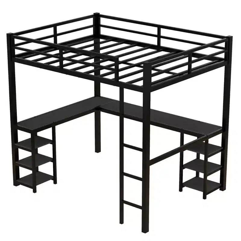 Bellemave Lits mezzanine complets et complets XL en métal avec bureau, bibliothèque et étagères, cadre de lit peu encombrant en forme de L avec échelle et garde-corps, noir