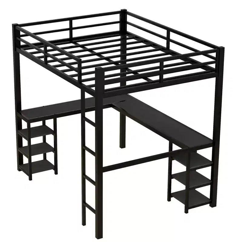 Bellemave Lits mezzanine complets et complets XL en métal avec bureau, bibliothèque et étagères, cadre de lit peu encombrant en forme de L avec échelle et garde-corps, noir
