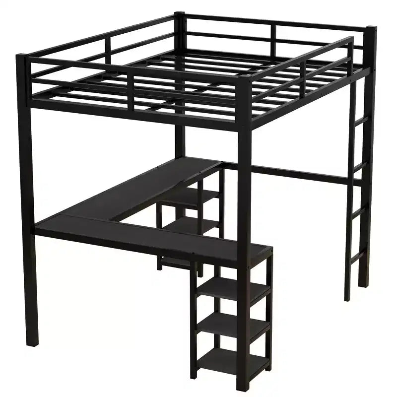 Bellemave Lits mezzanine complets et complets XL en métal avec bureau, bibliothèque et étagères, cadre de lit peu encombrant en forme de L avec échelle et garde-corps, noir