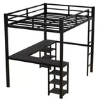 Bellemave Lits mezzanine complets et complets XL en métal avec bureau, bibliothèque et étagères, cadre de lit peu encombrant en forme de L avec échelle et garde-corps, noir