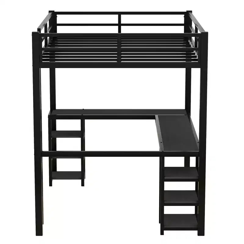 Bellemave Lits mezzanine complets et complets XL en métal avec bureau, bibliothèque et étagères, cadre de lit peu encombrant en forme de L avec échelle et garde-corps, noir