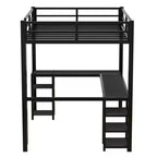Bellemave Lits mezzanine complets et complets XL en métal avec bureau, bibliothèque et étagères, cadre de lit peu encombrant en forme de L avec échelle et garde-corps, noir