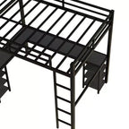 Bellemave Lits mezzanine complets et complets XL en métal avec bureau, bibliothèque et étagères, cadre de lit peu encombrant en forme de L avec échelle et garde-corps, noir