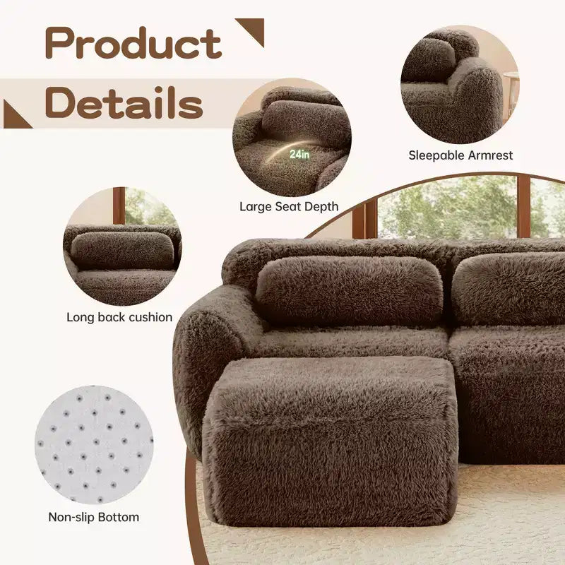 Canapé moelleux 3 places avec ottoman, mousse HD 32D, aucun assemblage requis, base antidérapante, modulable pour salon/salle de cinéma maison