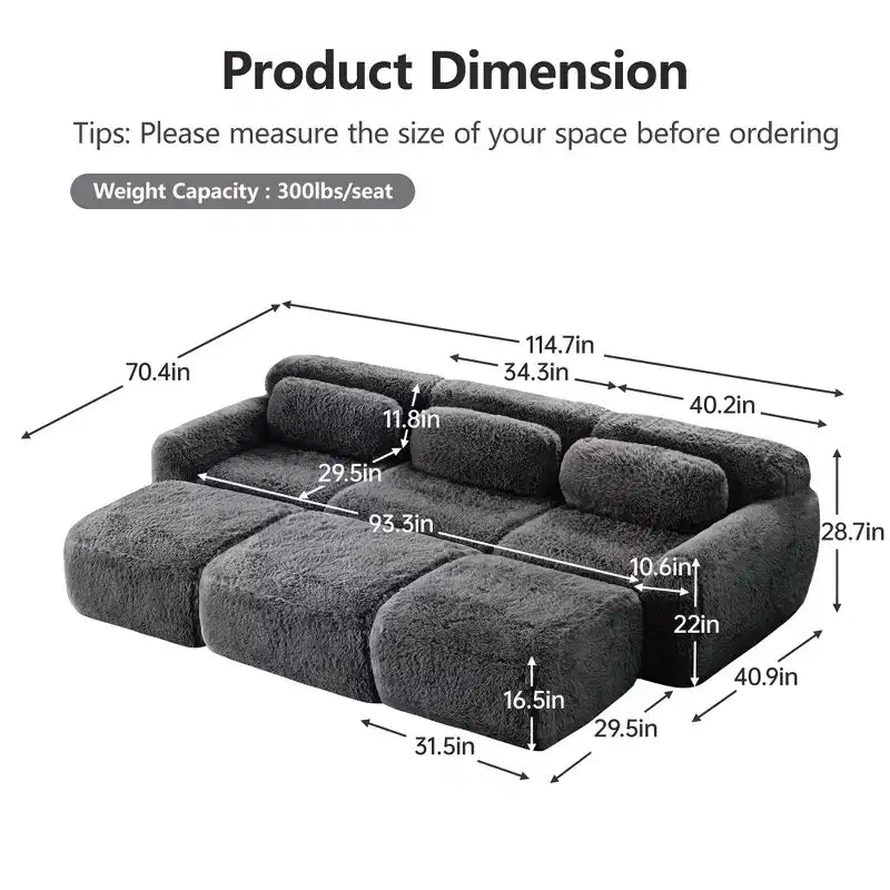 Canapé moelleux 3 places avec ottoman, mousse HD 32D, aucun assemblage requis, base antidérapante, modulable pour salon/salle de cinéma maison
