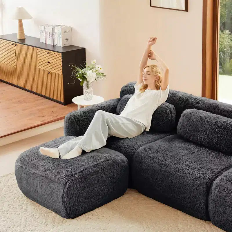 Canapé moelleux 3 places avec ottoman, mousse HD 32D, aucun assemblage requis, base antidérapante, modulable pour salon/salle de cinéma maison