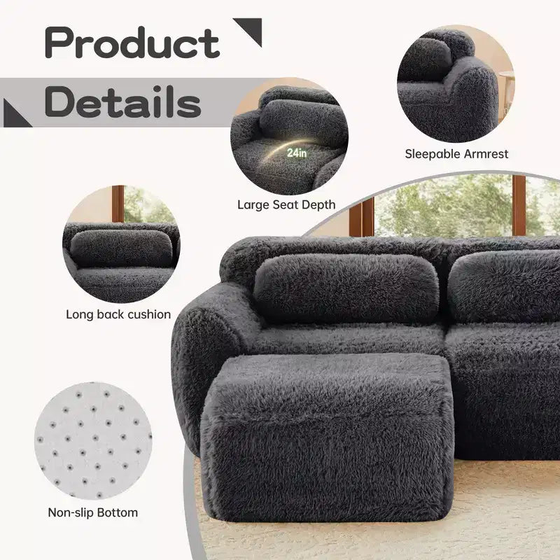 Canapé moelleux 3 places avec ottoman, mousse HD 32D, aucun assemblage requis, base antidérapante, modulable pour salon/salle de cinéma maison