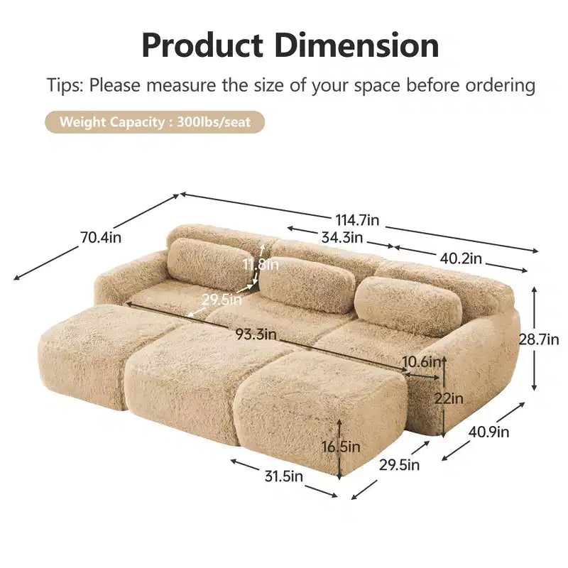 Canapé moelleux 3 places avec ottoman, mousse HD 32D, aucun assemblage requis, base antidérapante, modulable pour salon/salle de cinéma maison