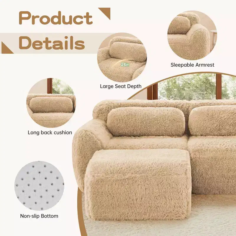 Canapé moelleux 3 places avec ottoman, mousse HD 32D, aucun assemblage requis, base antidérapante, modulable pour salon/salle de cinéma maison