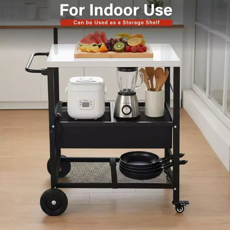 Chariot de barbecue pliable à 4 roues Karl Home avec dessus en acier inoxydable et étagère pliable