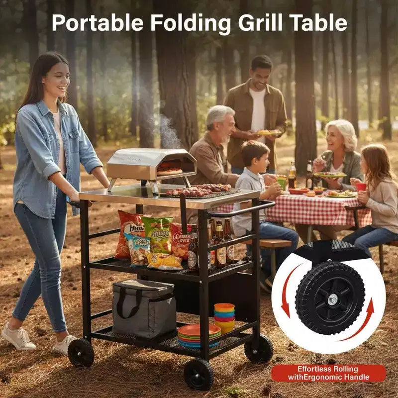 Chariot de barbecue pliable à 4 roues Karl Home avec dessus en acier inoxydable et étagère pliable