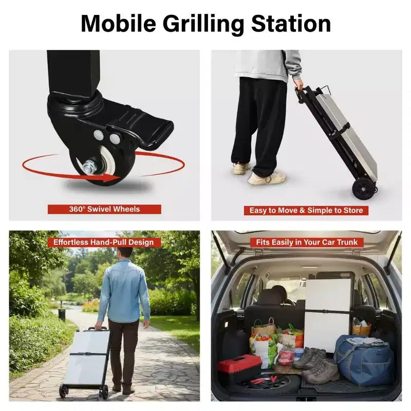 Chariot de barbecue pliable à 4 roues Karl Home avec dessus en acier inoxydable et étagère pliable