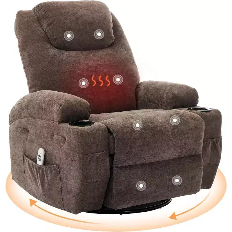 Fauteuil inclinable pivotant à 360° avec massage et chauffage, capacité 136 kg, structure en pin, tissu doux, 35,4p x 39l x 41,3h