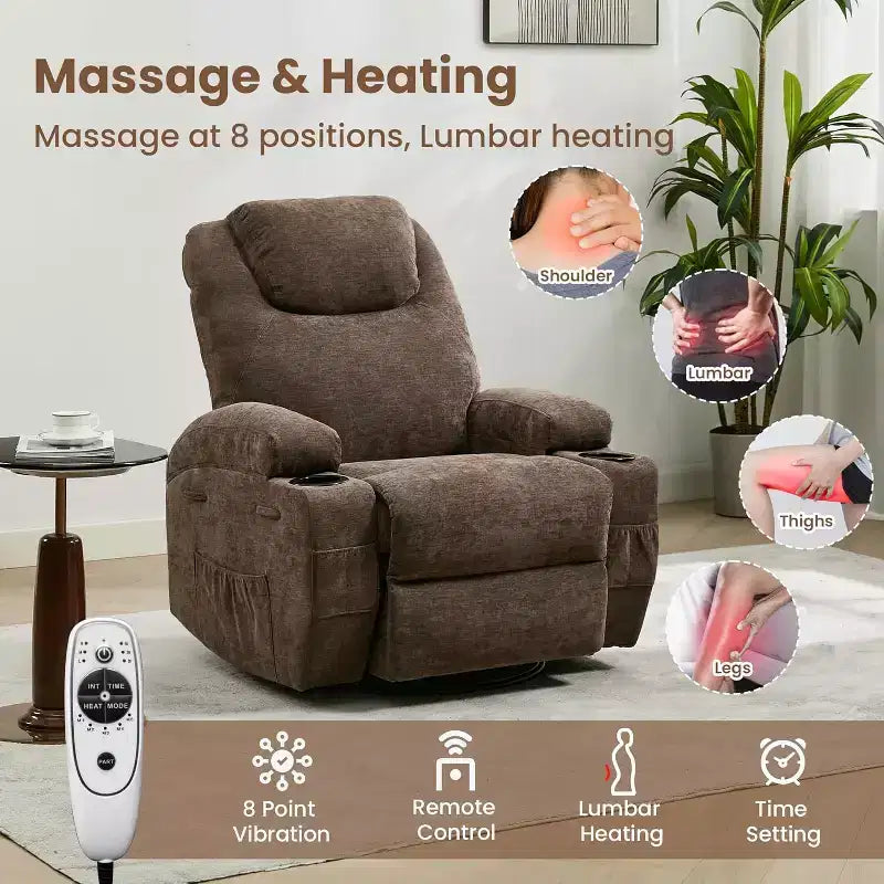 Fauteuil inclinable pivotant à 360° avec massage et chauffage, capacité 136 kg, structure en pin, tissu doux, 35,4p x 39l x 41,3h