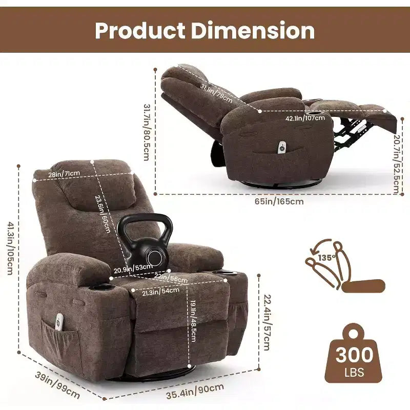 Fauteuil inclinable pivotant à 360° avec massage et chauffage, capacité 136 kg, structure en pin, tissu doux, 35,4p x 39l x 41,3h