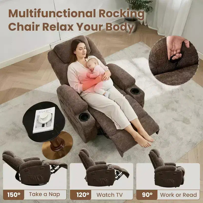 Fauteuil inclinable pivotant à 360° avec massage et chauffage, capacité 136 kg, structure en pin, tissu doux, 35,4p x 39l x 41,3h