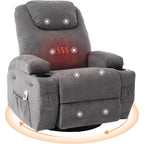 Fauteuil inclinable pivotant à 360° avec massage et chauffage, capacité 136 kg, structure en pin, tissu doux, 35,4p x 39l x 41,3h