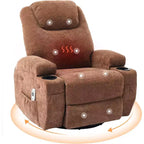 Fauteuil inclinable pivotant à 360° avec massage et chauffage, capacité 136 kg, structure en pin, tissu doux, 35,4p x 39l x 41,3h
