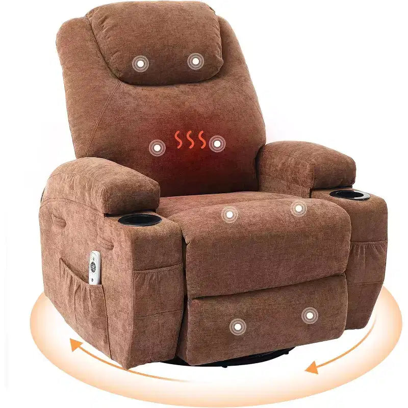 Fauteuil inclinable pivotant à 360° avec massage et chauffage, capacité 136 kg, structure en pin, tissu doux, 35,4p x 39l x 41,3h