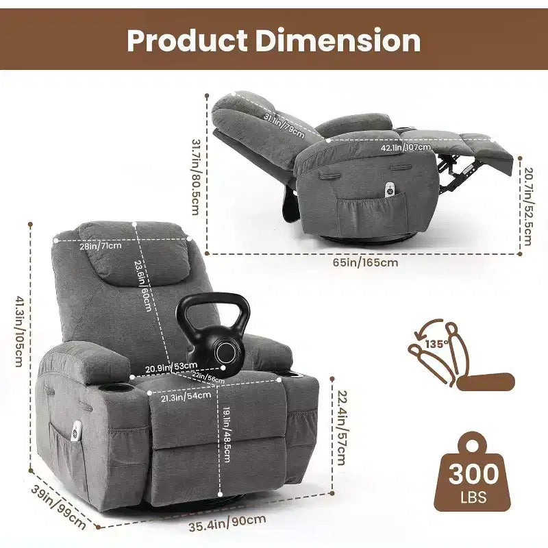 Fauteuil inclinable pivotant à 360° avec massage et chauffage, capacité 136 kg, structure en pin, tissu doux, 35,4p x 39l x 41,3h
