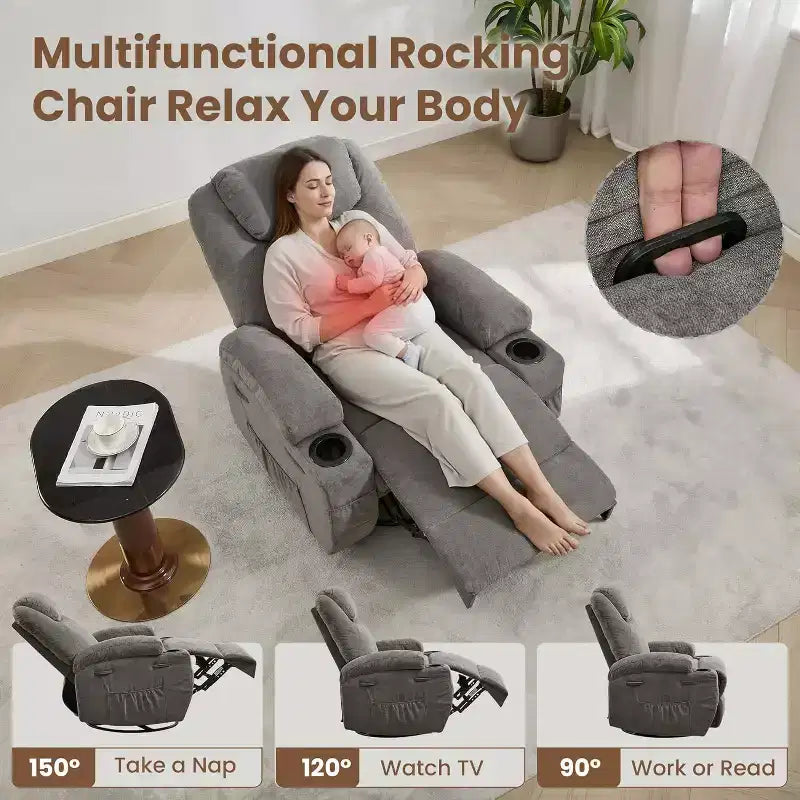 Fauteuil inclinable pivotant à 360° avec massage et chauffage, capacité 136 kg, structure en pin, tissu doux, 35,4p x 39l x 41,3h
