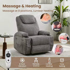 Fauteuil inclinable pivotant à 360° avec massage et chauffage, capacité 136 kg, structure en pin, tissu doux, 35,4p x 39l x 41,3h