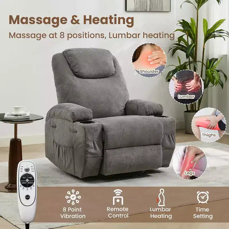 Fauteuil inclinable pivotant à 360° avec massage et chauffage, capacité 136 kg, structure en pin, tissu doux, 35,4p x 39l x 41,3h