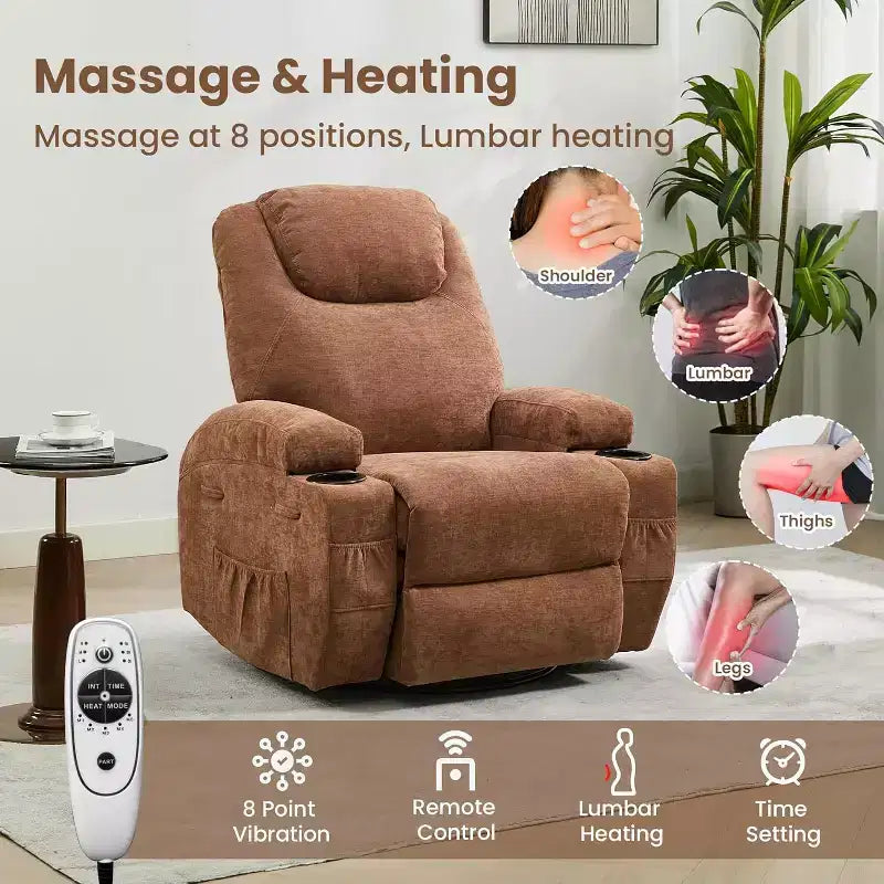 Fauteuil inclinable pivotant à 360° avec massage et chauffage, capacité 136 kg, structure en pin, tissu doux, 35,4p x 39l x 41,3h