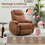 Fauteuil inclinable pivotant à 360° avec massage et chauffage, capacité 136 kg, structure en pin, tissu doux, 35,4p x 39l x 41,3h