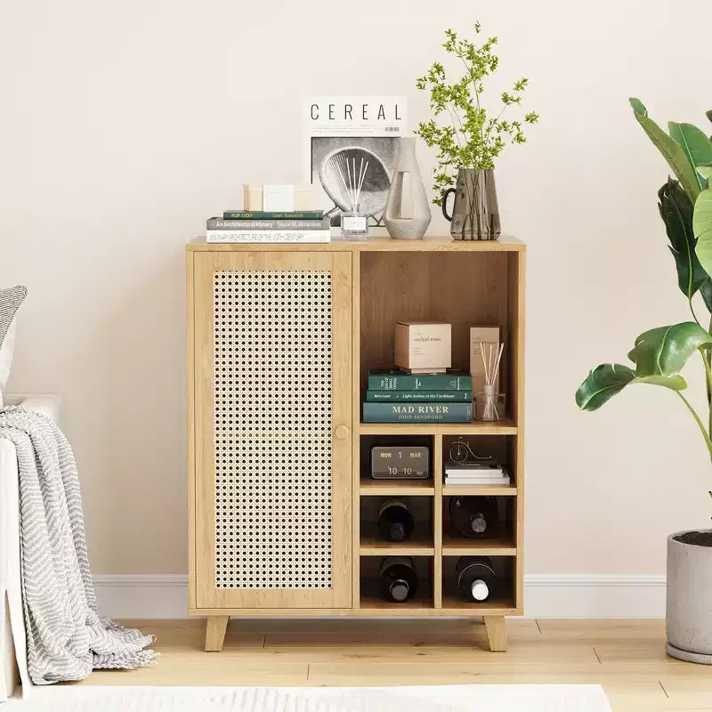 JVNOXK Buffet de Rangement de Style Médiéval 34 Pouces avec Fonction Casier à Vin, Idéal pour les Salles à Manger et Salons, Naturel