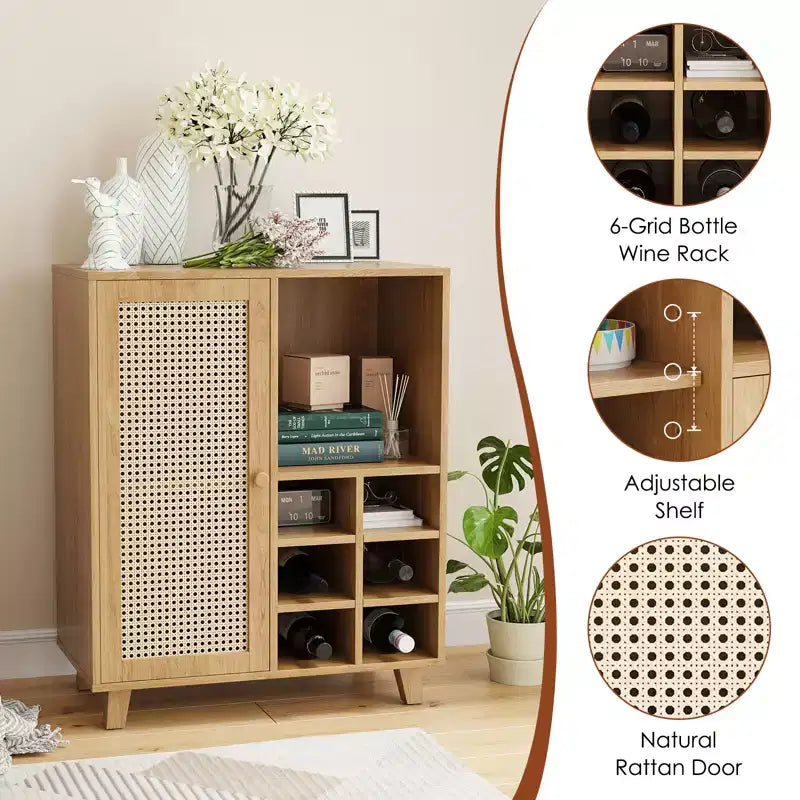 JVNOXK Buffet de Rangement de Style Médiéval 34 Pouces avec Fonction Casier à Vin, Idéal pour les Salles à Manger et Salons, Naturel