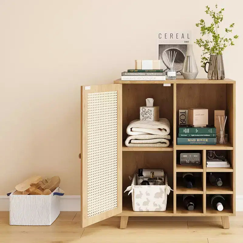 JVNOXK Buffet de Rangement de Style Médiéval 34 Pouces avec Fonction Casier à Vin, Idéal pour les Salles à Manger et Salons, Naturel